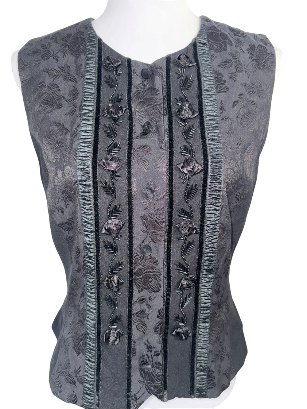 VTG Susan Bristol Black Floral Jacquard Button Front Beaded Vest Vintage Womens - Picture 3 of 11